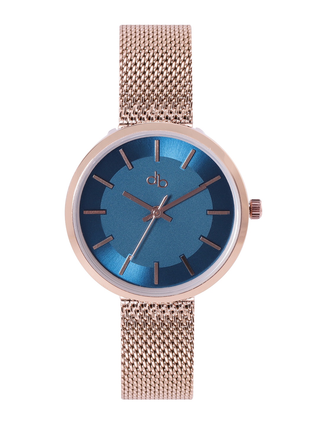 

DressBerry Women Blue Dial Rose Gold-Plated Stainless Steel Textured Straps Analogue Watch