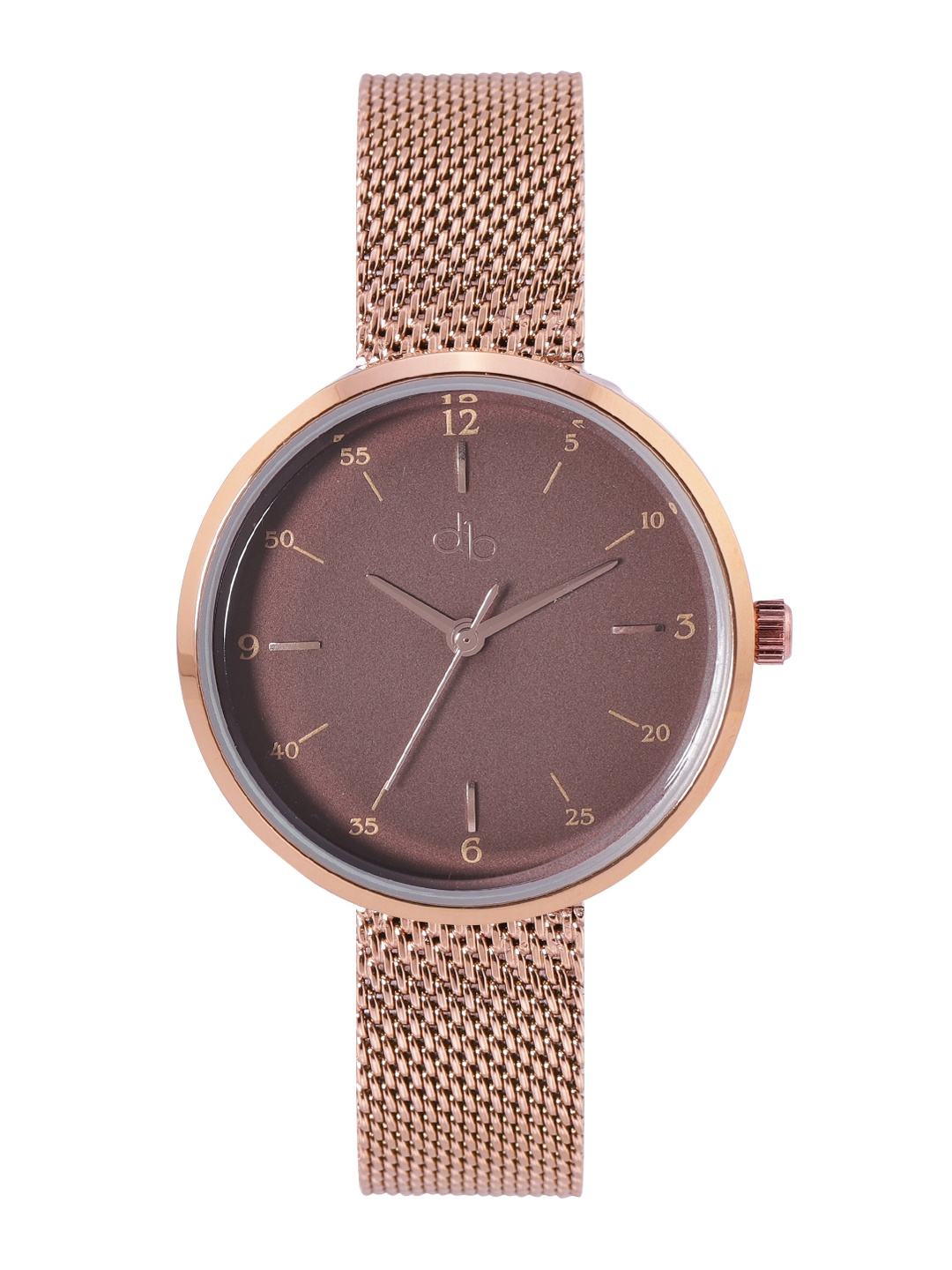 

DressBerry Women Brown Brass Embellished Dial & Rose Gold-Plated Stainless Steel Textured Straps Analogue Watch