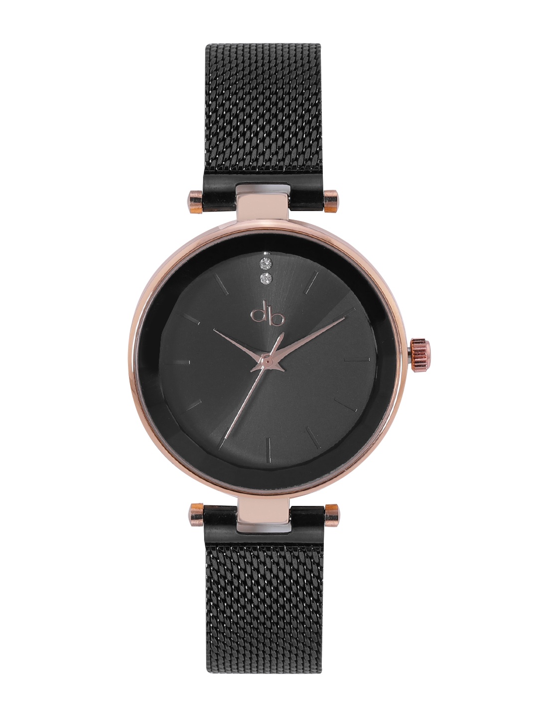 

DressBerry Women Black Brass Embellished Dial & Black Stainless Steel Textured Straps Analogue Watch
