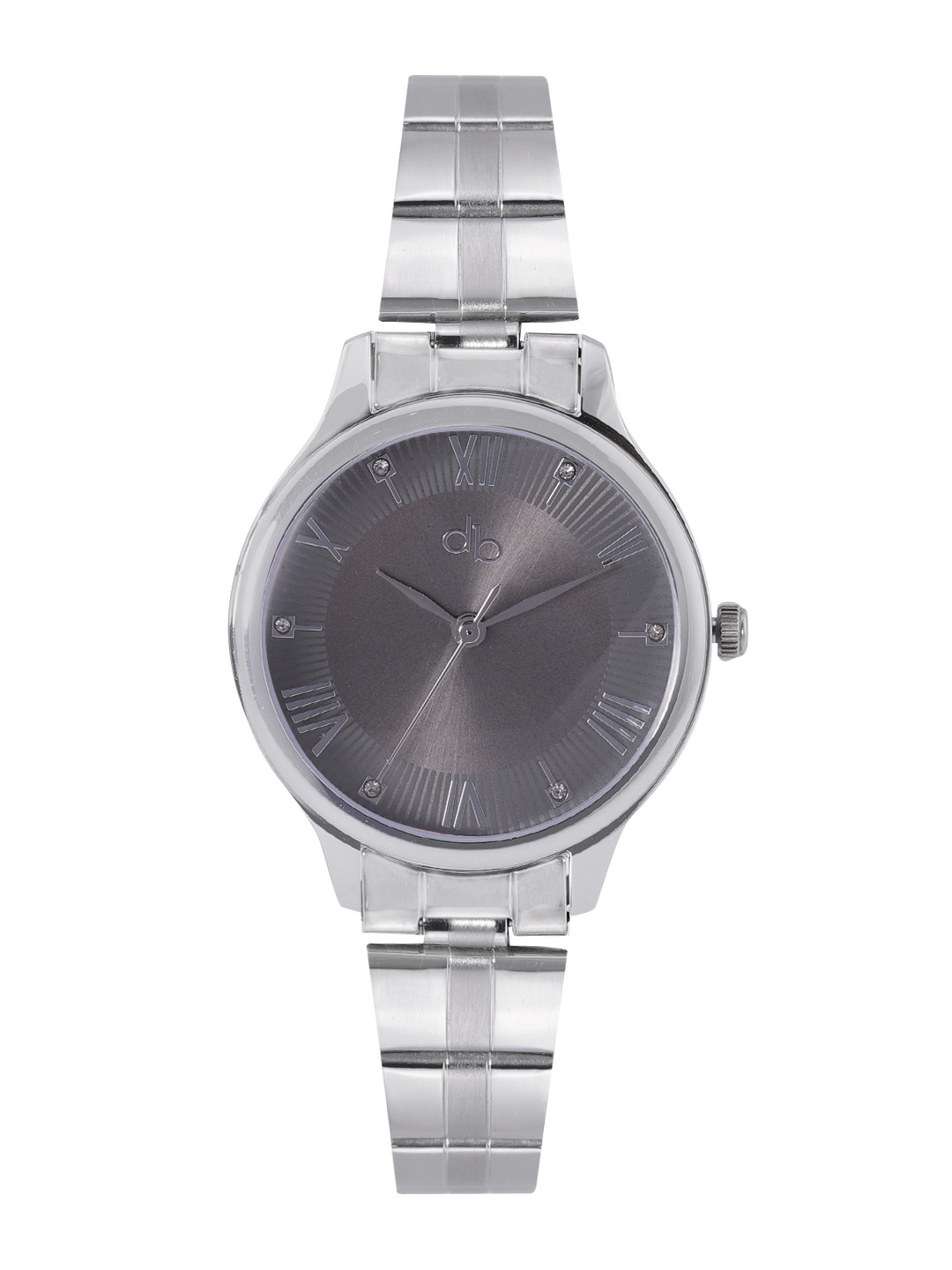 

DressBerry Women Grey Brass Embellished Dial & Steel Toned Stainless Steel Textured Straps Analogue Watch