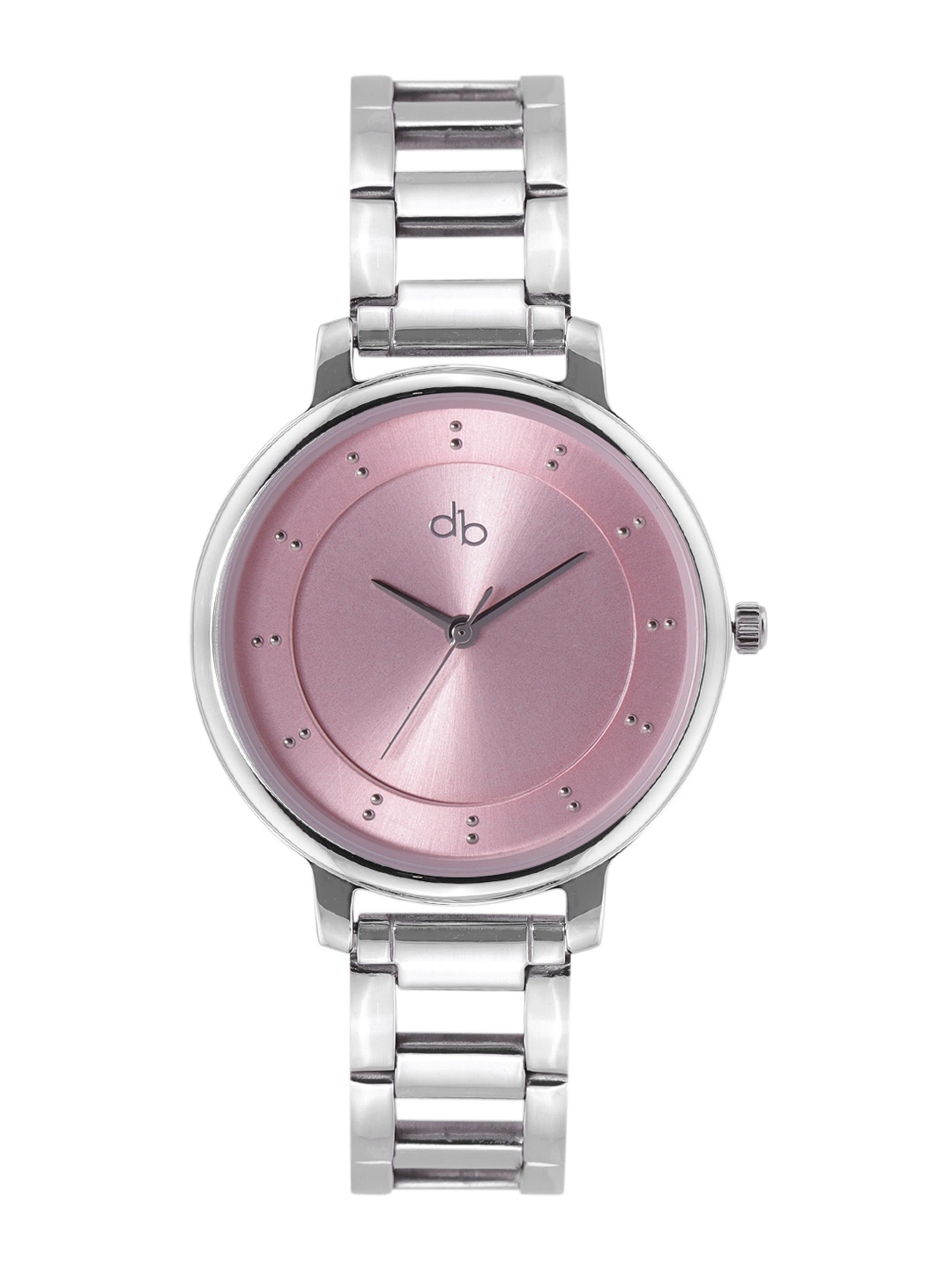 

DressBerry Women Pink Brass Embellished Dial & Steel Toned Stainless Steel Textured Straps Analogue Watch