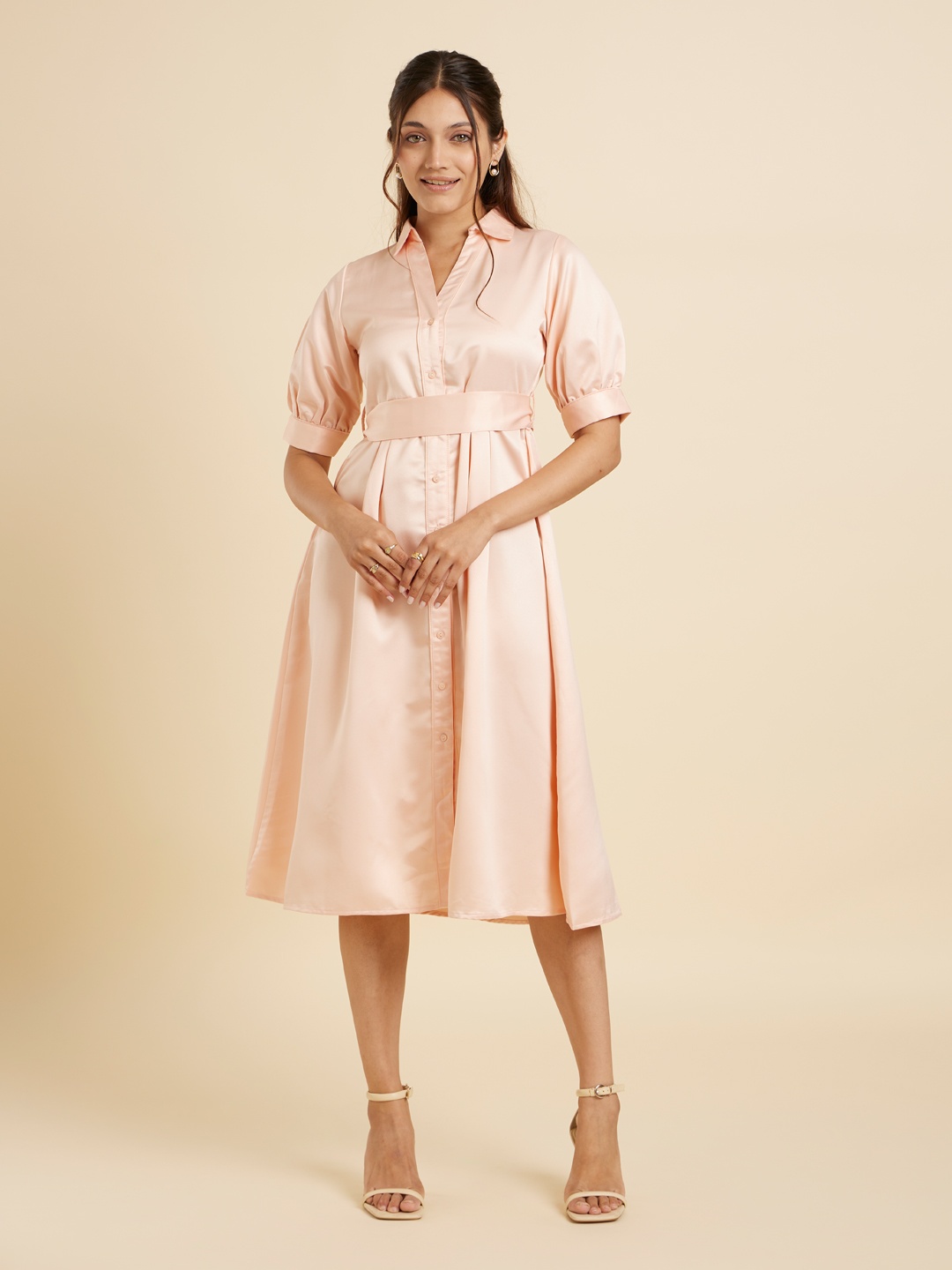 

Emmyrobe Shirt Collar Cuffed Sleeves Shirt Midi Dress, Pink