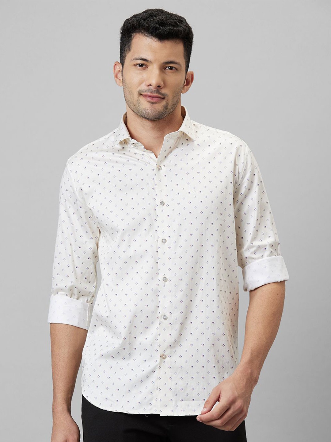 

WHITE HANGER Conversational Printed Spread Collar Casual Shirt, Cream