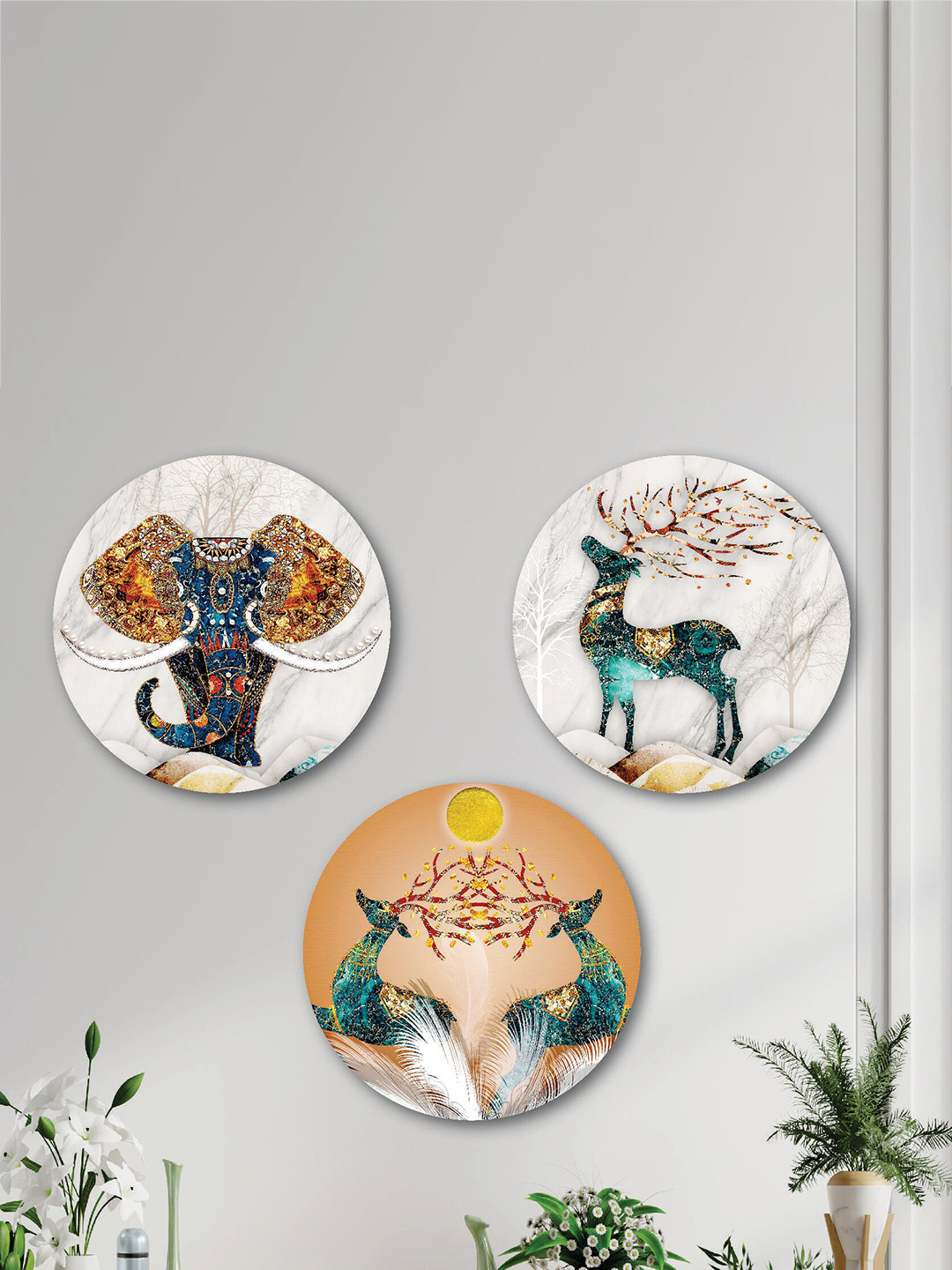 

SAF Blue & Green 3-Pieces Deer And Elephant Printed Round Wall Art