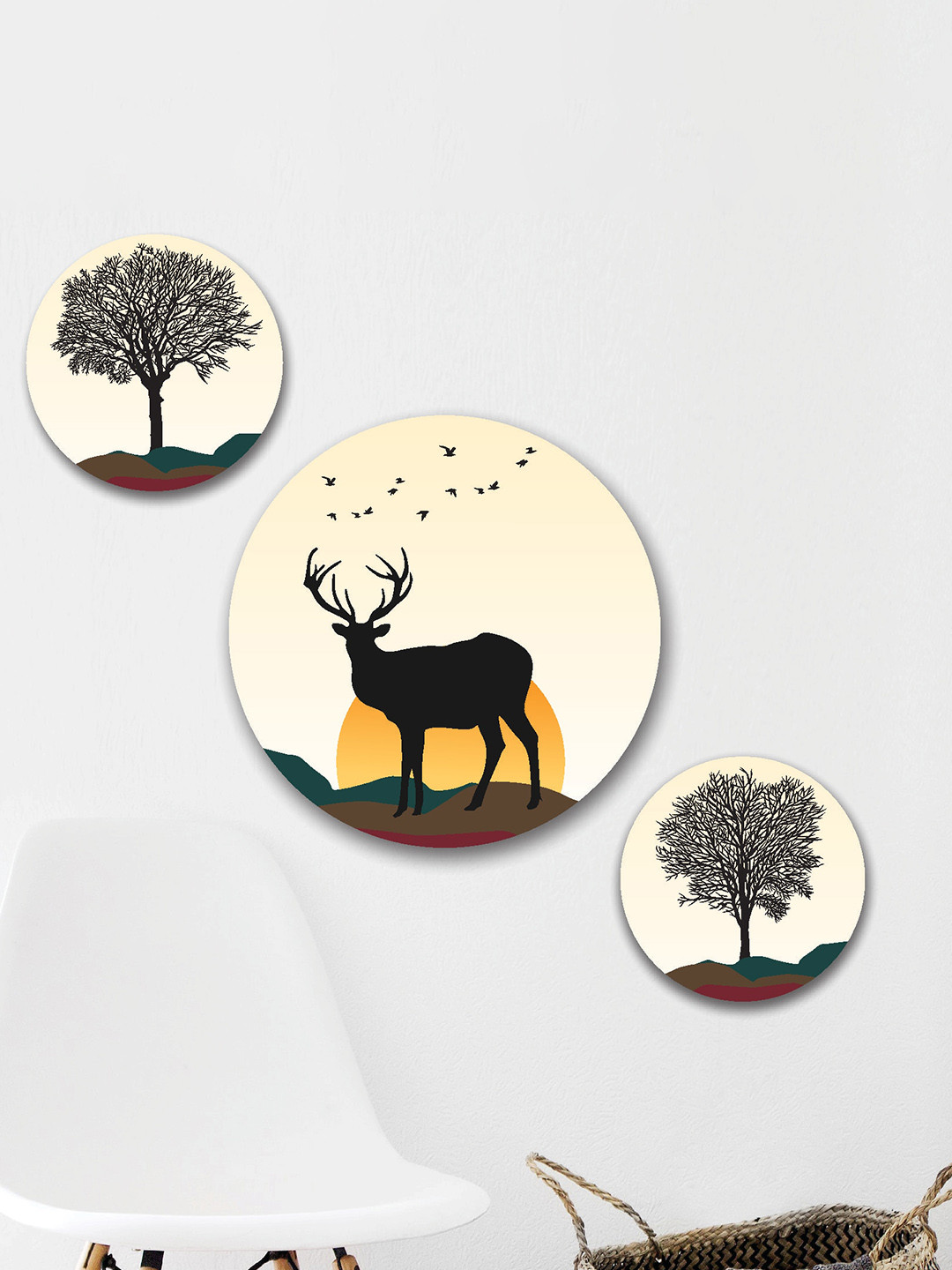 

SAF Beige & Black 3 Pieces Deer & Tress Round Painting Wall Arts