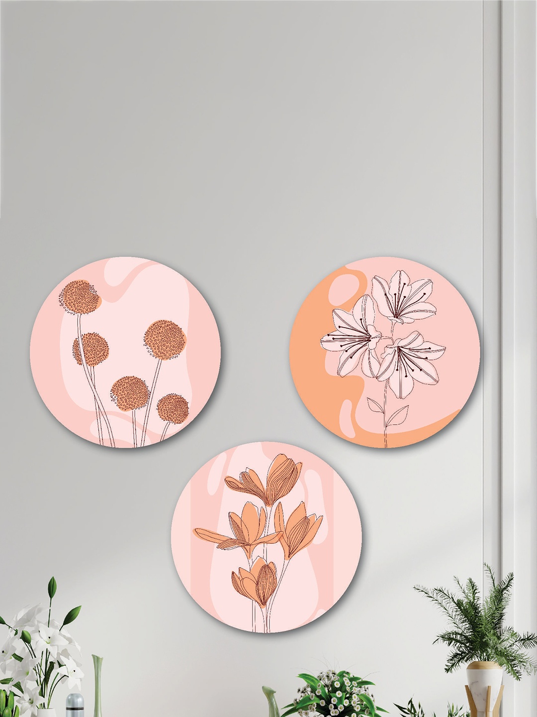 

SAF Peach Colored 3 Pieces Flower Painted Round Wall Arts