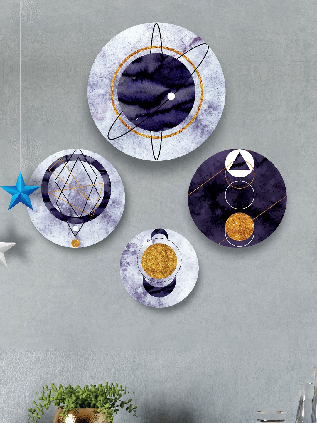 

SAF Navy Blue & Beige 4 Pieces Solar System Painted Round Wall Arts