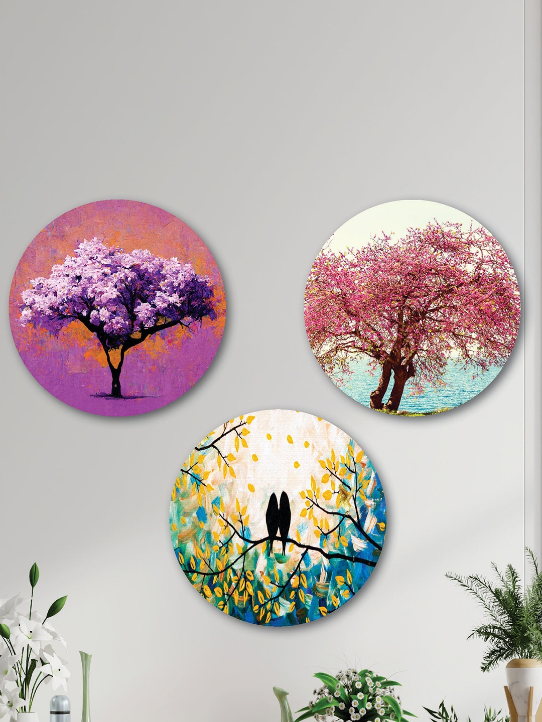 

SAF Purple & Blue 3 Pieces Colorful Tree Painted Round Wall Arts