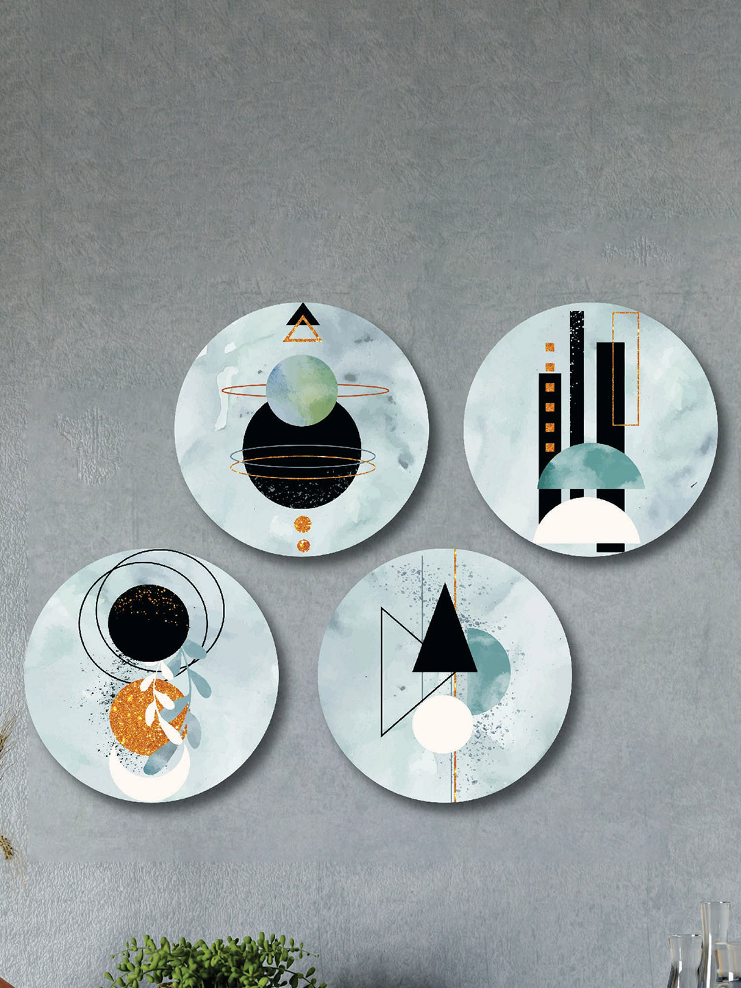 

SAF Blue & Black 4-Pieces Solar System Printed Round Wall Art
