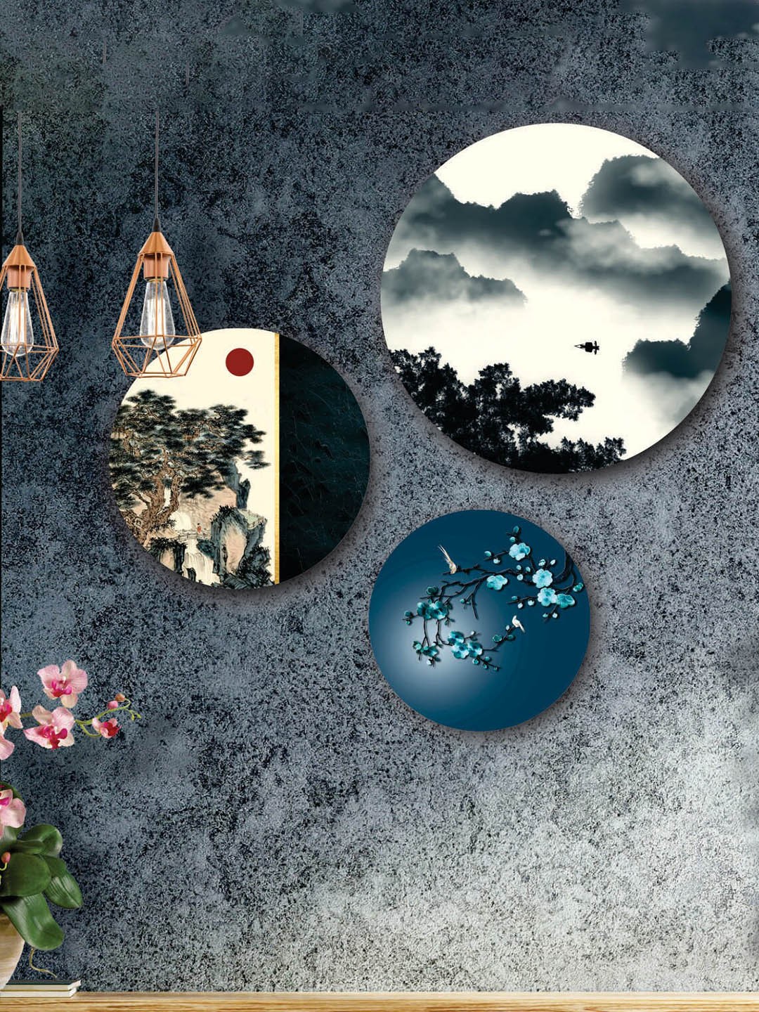 

SAF Blue & White 3-Pieces Vintage Tree And Flower Printed Round Wall Art