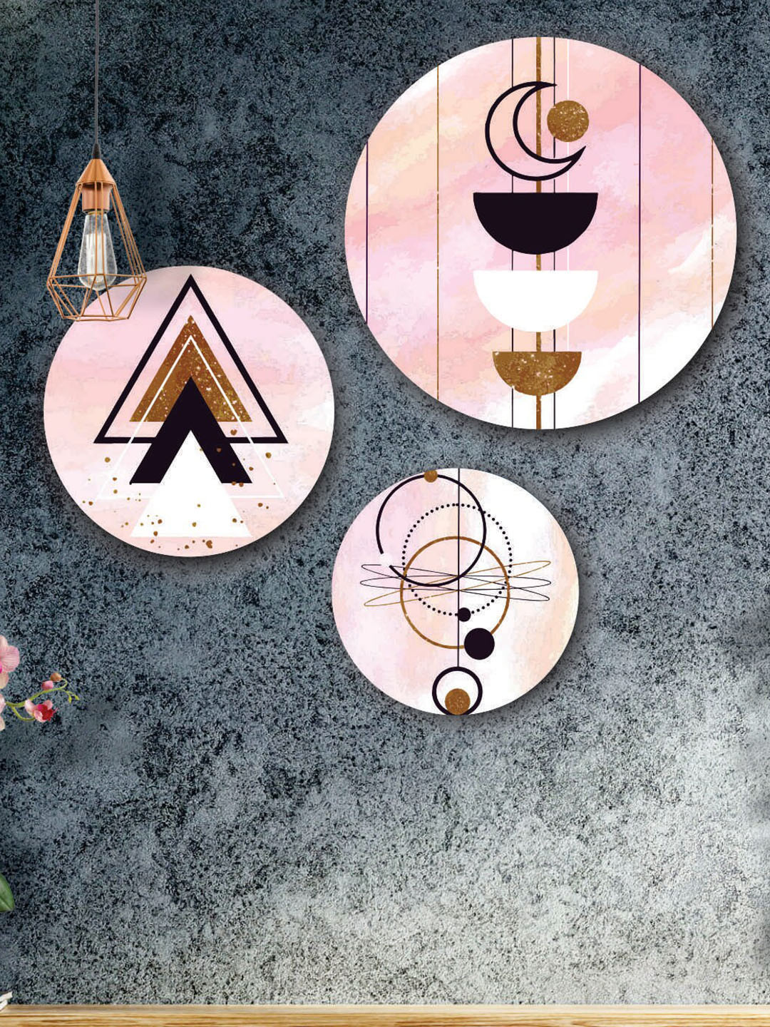 

SAF Pink & Black 3 Pieces Abstract Painted Round Wall Arts