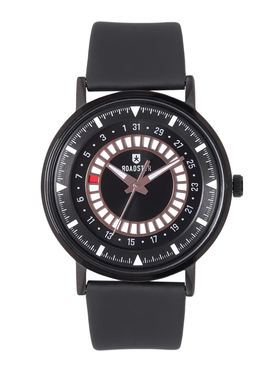 

Roadster Men Black Brass Embellished Dial & Black Leather Straps Analogue Watch