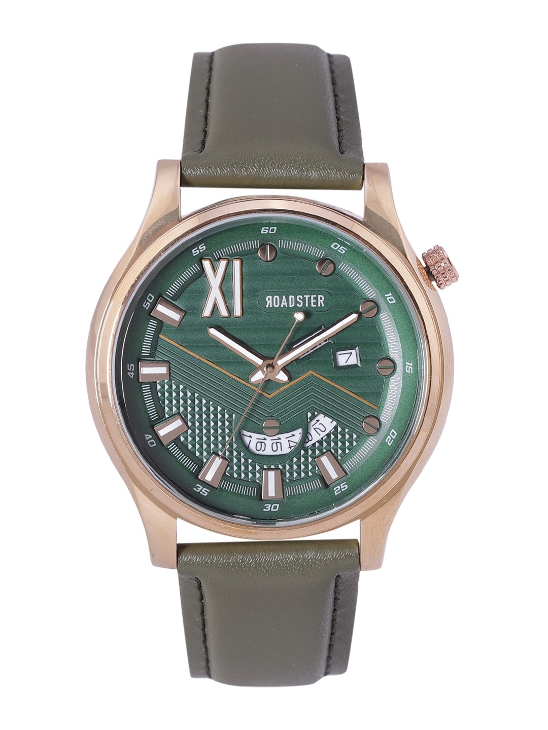 

Roadster Men Green Brass Embellished Dial & Green Leather Straps Analogue Watch
