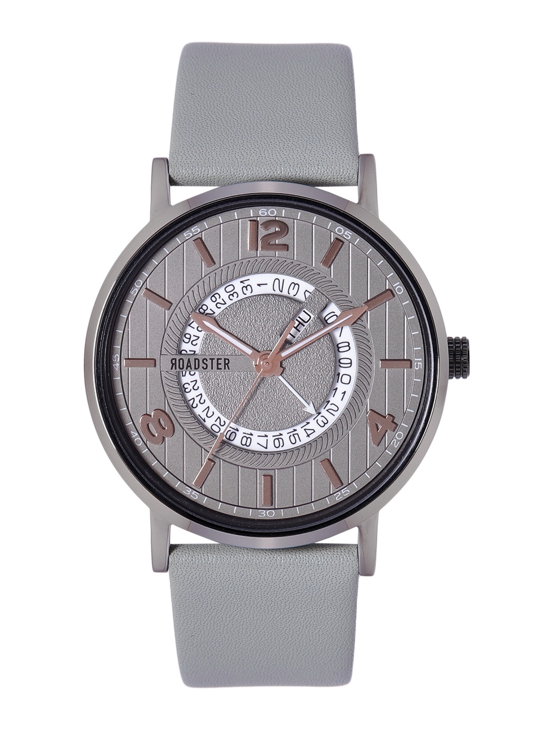 

Roadster Men Grey Brass Embellished Dial & Grey Leather Straps Analogue Watch