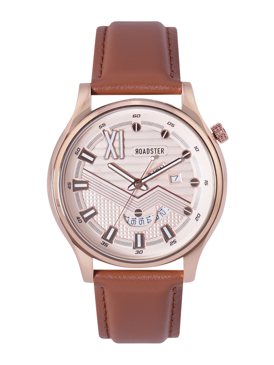 

Roadster Men Rose Gold-Toned Brass Embellished Dial & Brown Leather Straps Analogue Watch