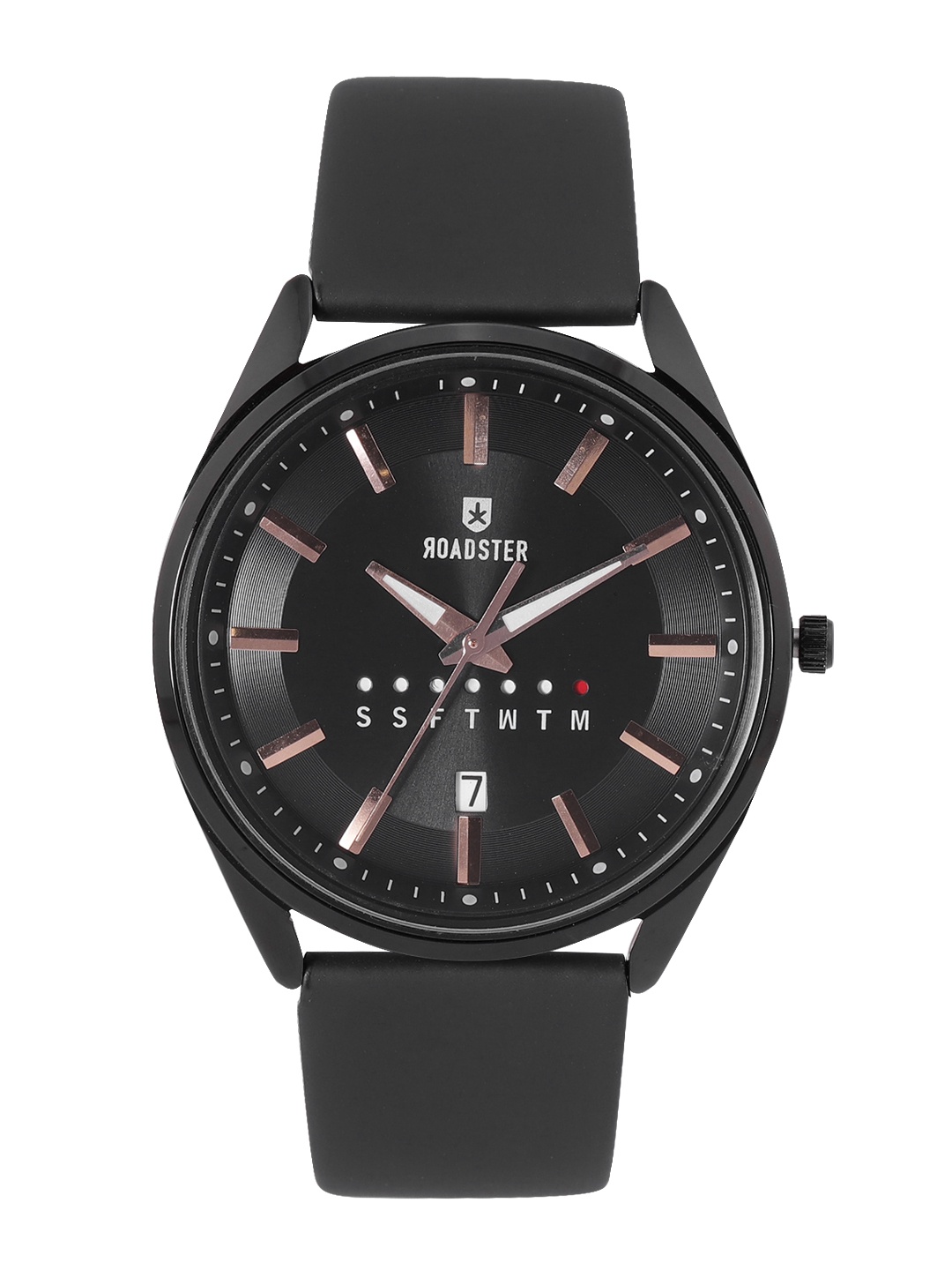 

Roadster Men Black Brass Embellished Dial & Black Leather Straps Analogue Watch