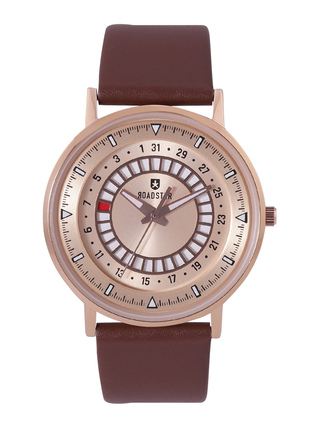 

Roadster Men Rose Gold-Toned Brass Embellished Dial & Brown Leather Straps Analogue Watch