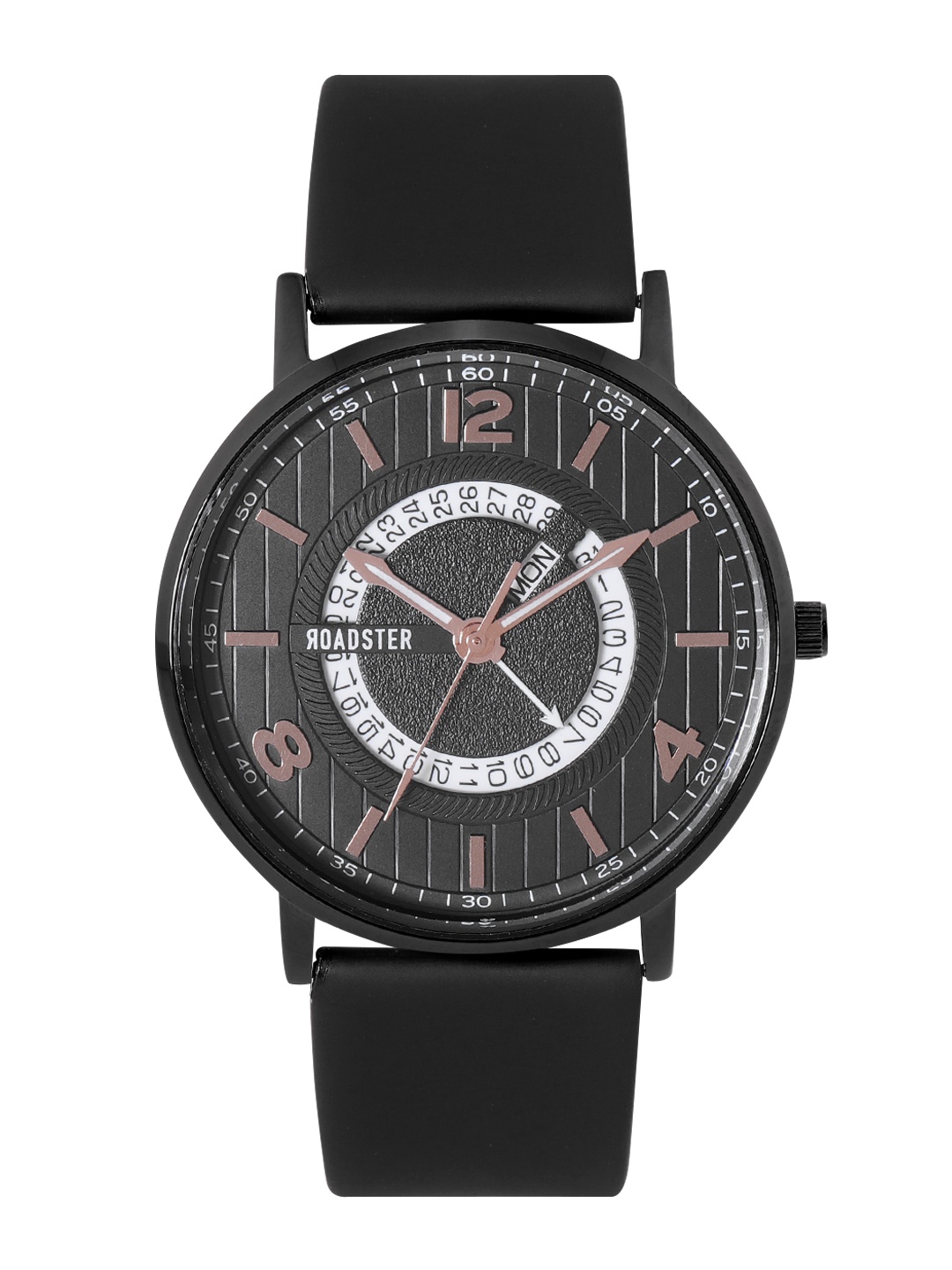 

Roadster Men Black Brass Embellished Dial & Black Leather Straps Analogue Watch