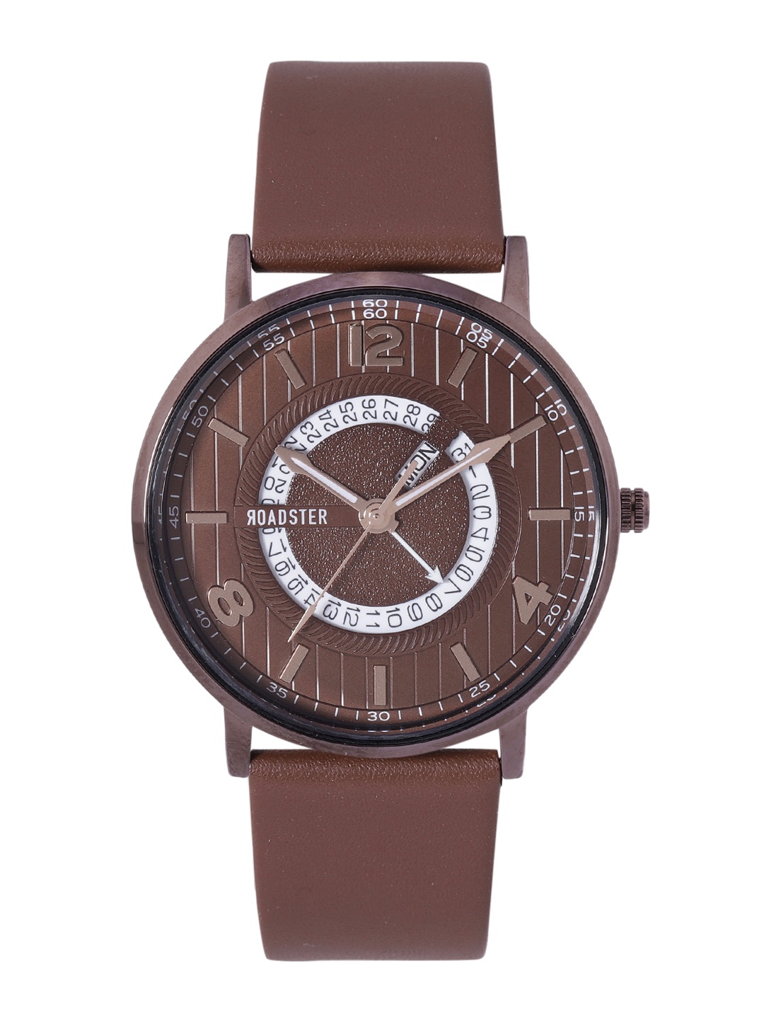 

Roadster Men Brown Brass Embellished Dial & Brown Leather Straps Analogue Watch