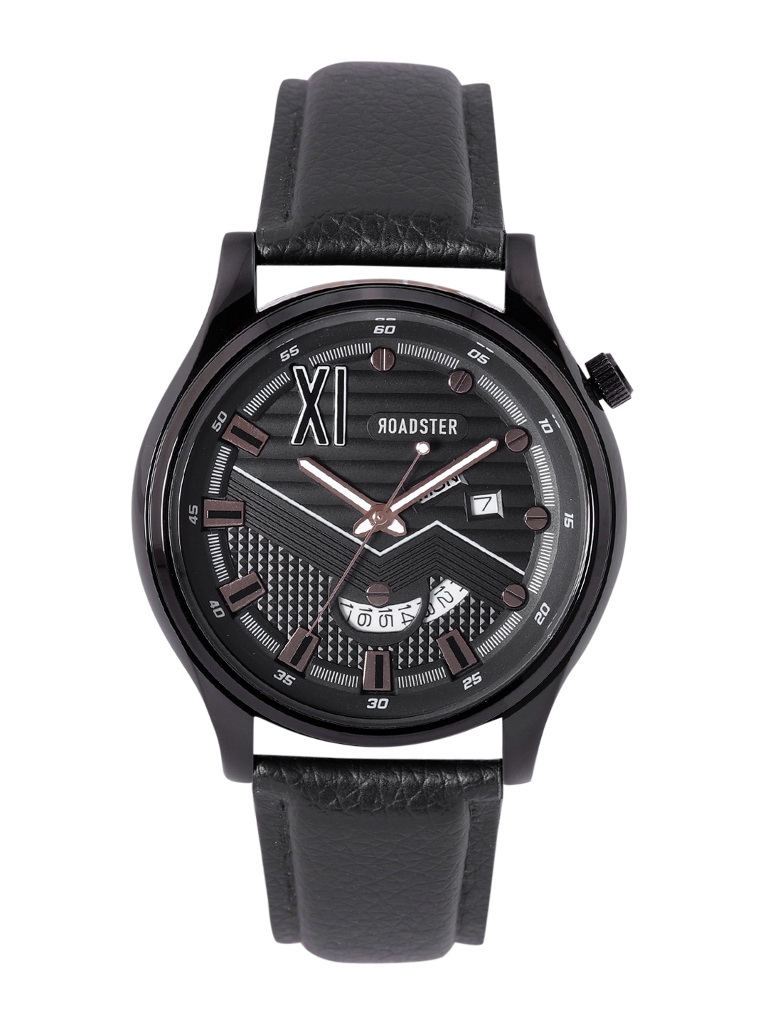 

Roadster Men Black Brass Embellished Dial & Black Leather Straps Analogue Watch