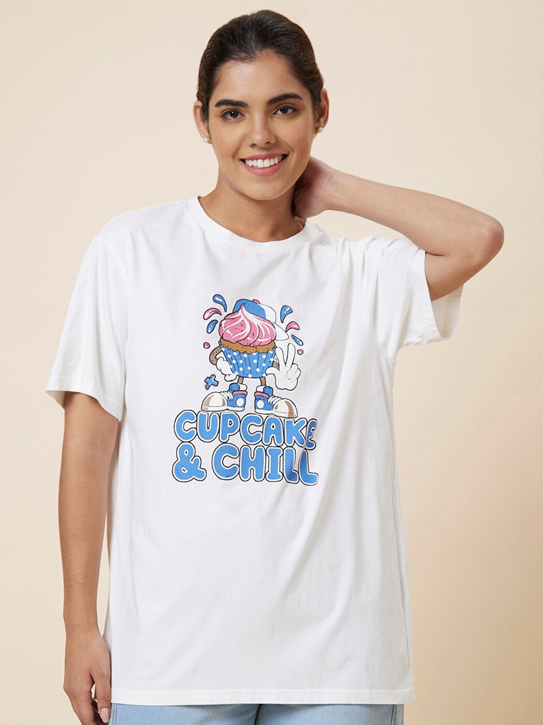 

Globus Typography Printed Pure Cotton Loose T-Shirt, White