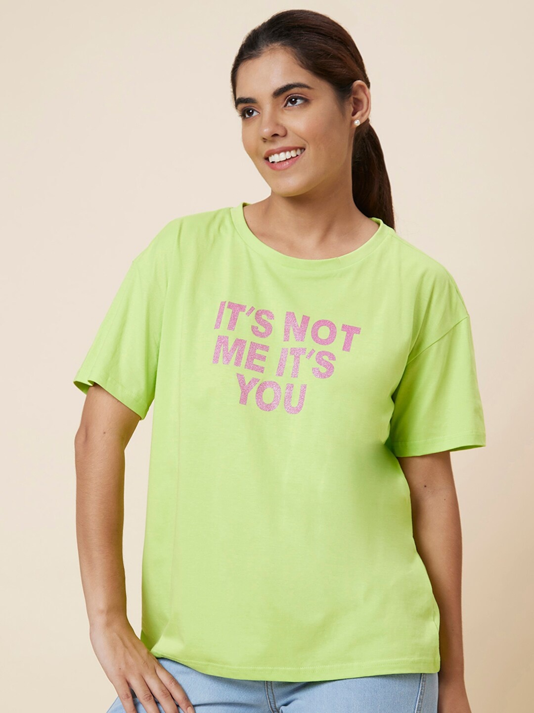 

Globus Lime Green Typography Printed Drop-Shoulder Pure Cotton T-shirt