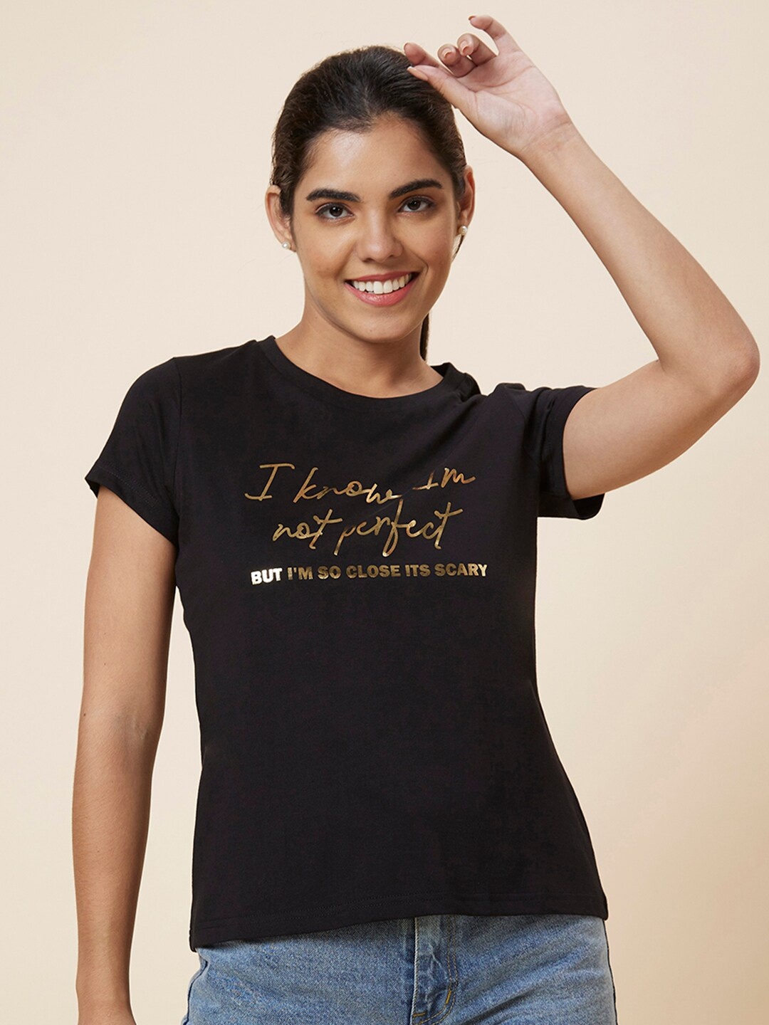 

Globus Black Typography Printed Pure Cotton T-shirt