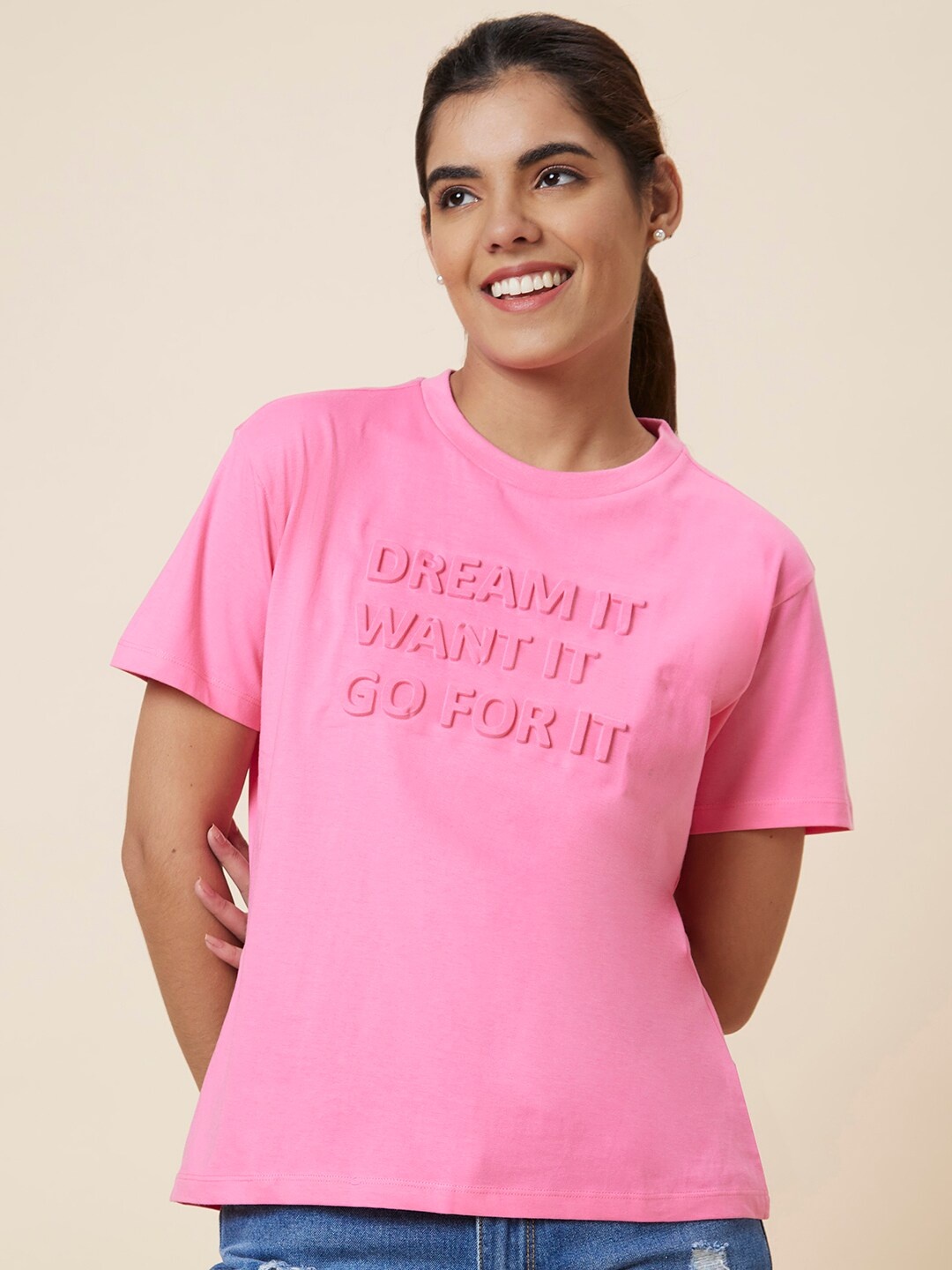 

Globus Pink Embossed Typography Printed Drop-Shoulder Pure Cotton Boxy T-shirt