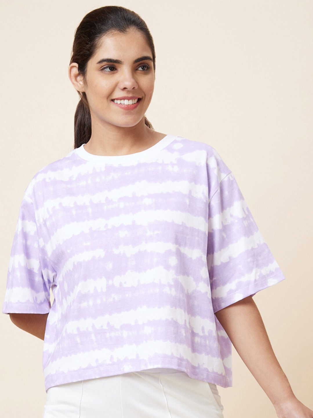 

Globus Lavender & White Tie & Dye Drop-Shoulder Pure Cotton Boxy T-shirt