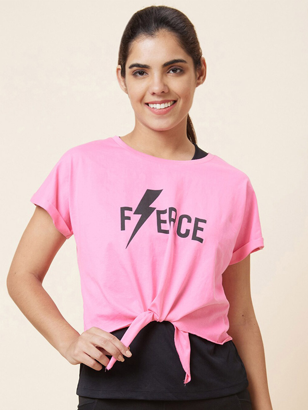 

Globus Pink Typography Printed Pure Training or Gym Cotton T-shirt With Crop Top