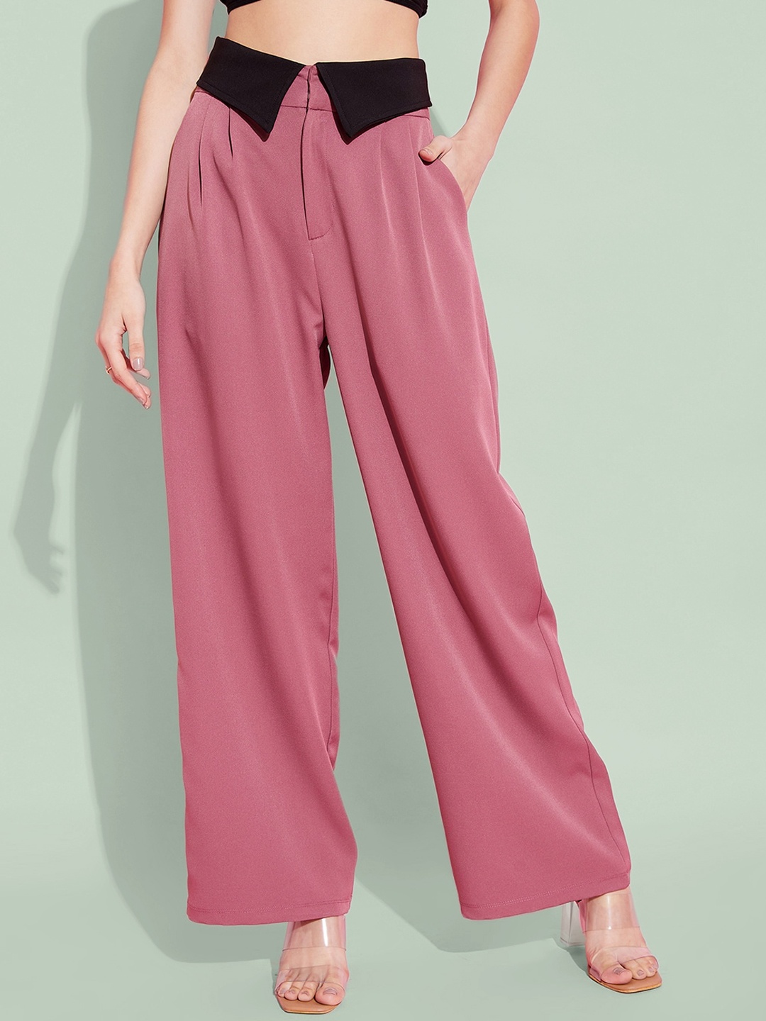 KASSUALLY Women Pink Straight Fit Pleated Parallel Trousers