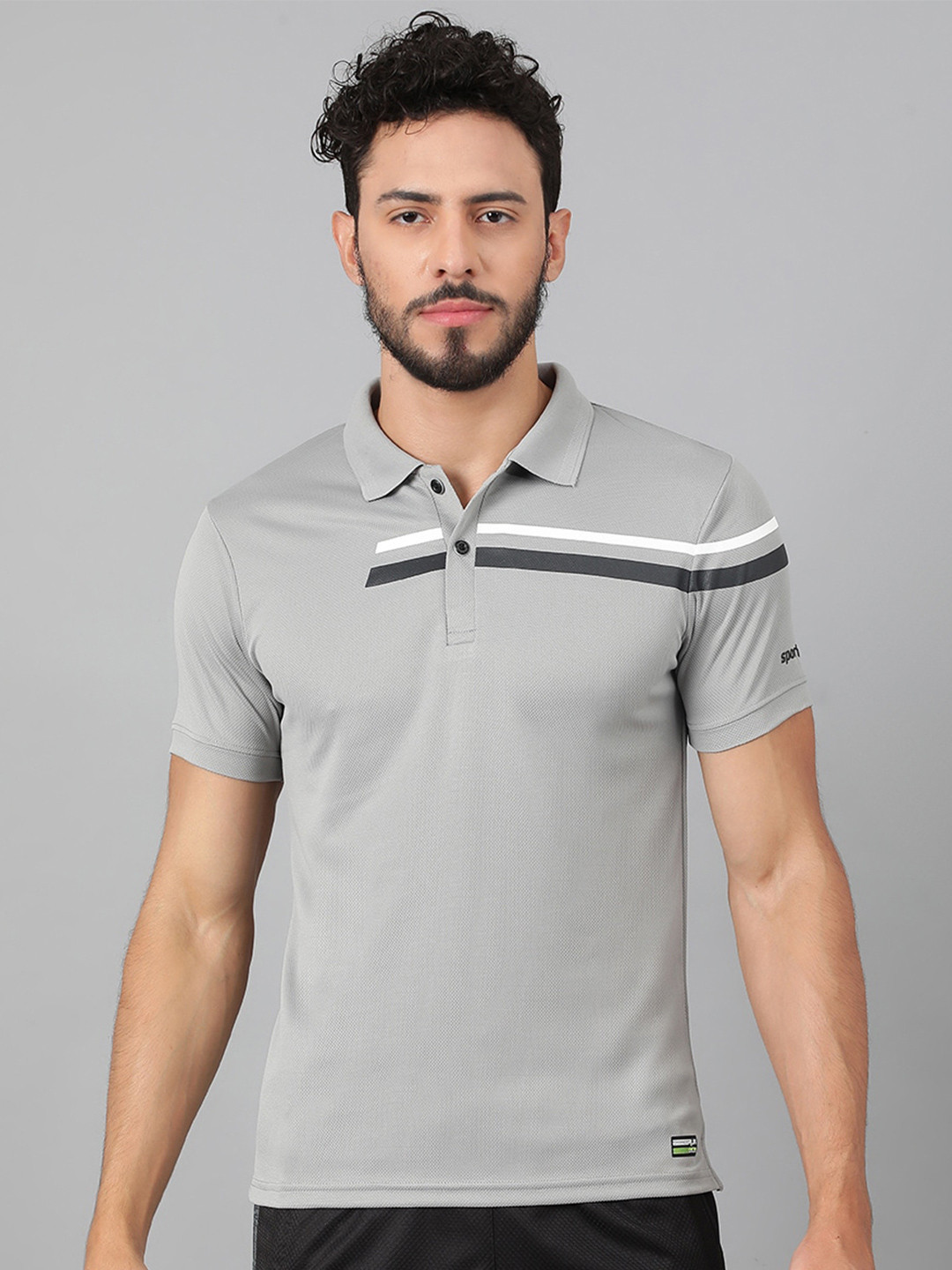 

SPORT SUN Striped Polo Collar Sports T-shirt, Grey