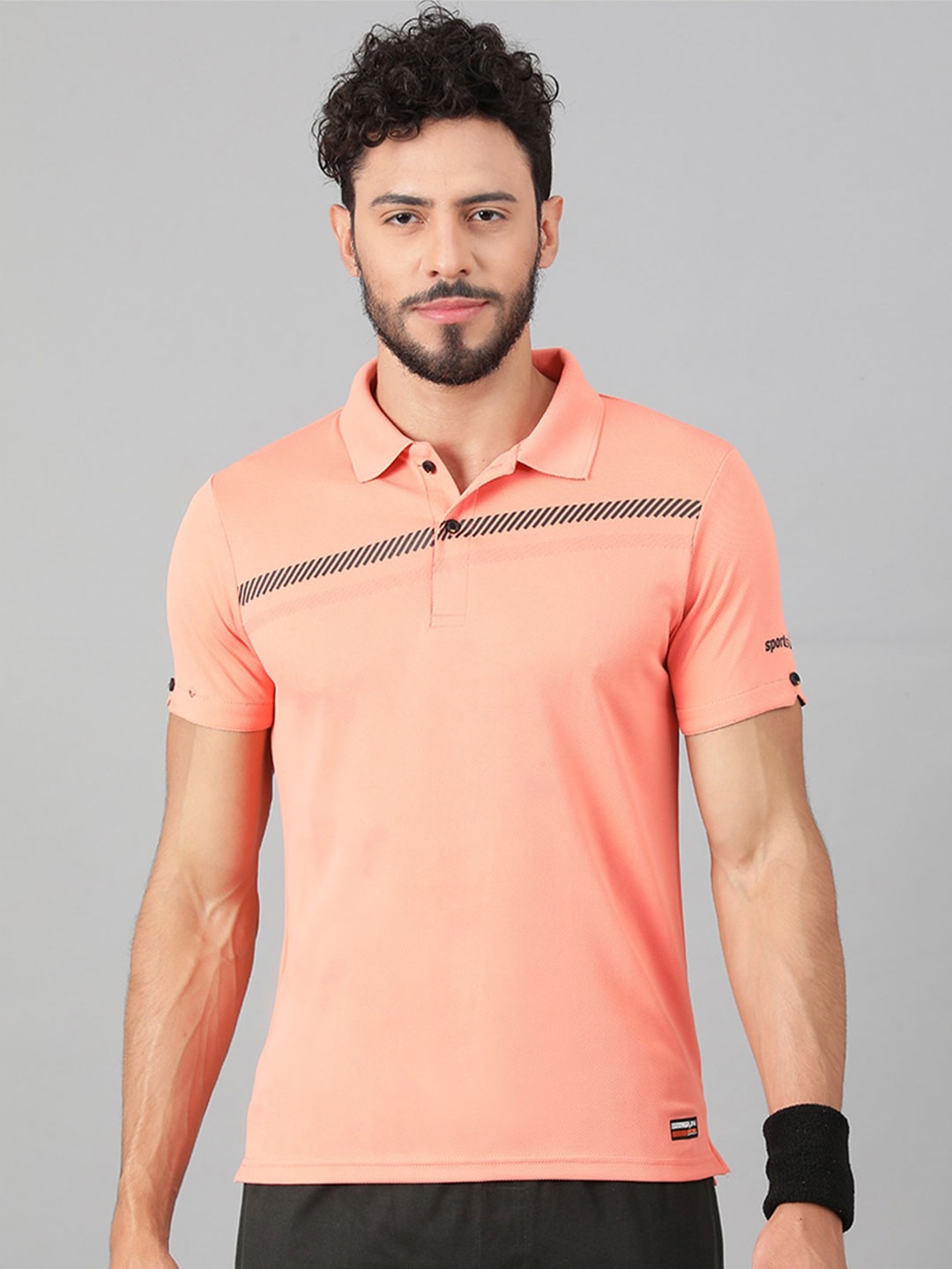 SPORT SUN Striped Polo Collar Sports T-shirt, Peach