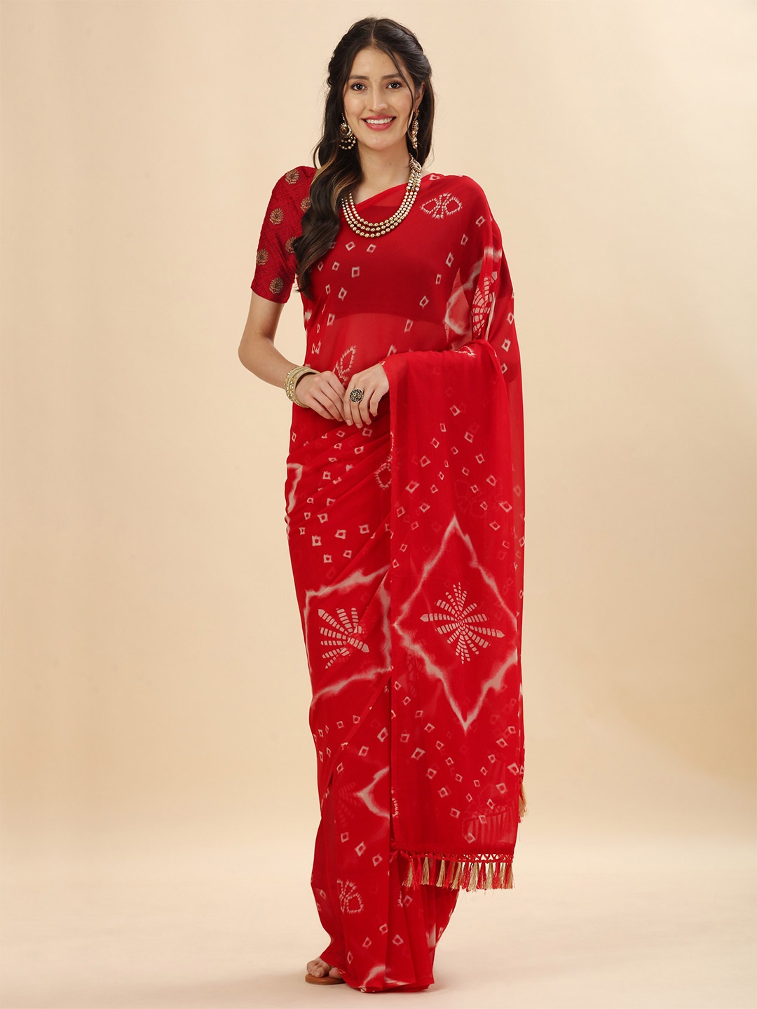 

Mitera Red Bandhani Printed Jaali Pure Georgette Chanderi Saree