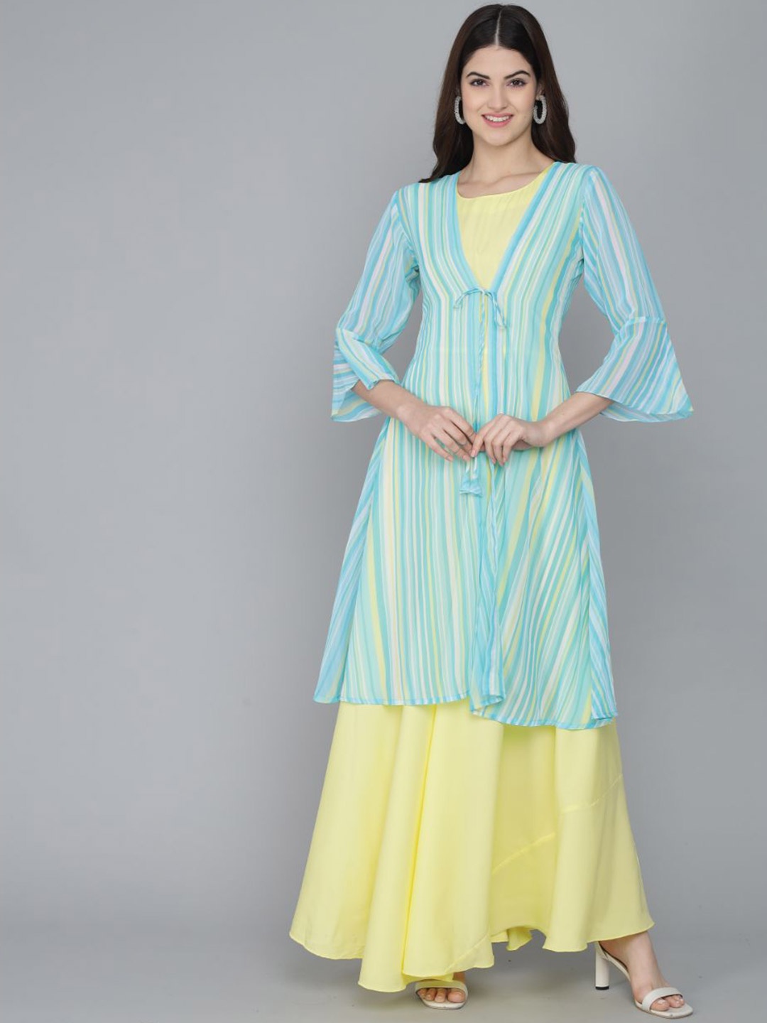 

Rudraaksha Creations Striped Crepe Maxi Dress With Shrug, Yellow