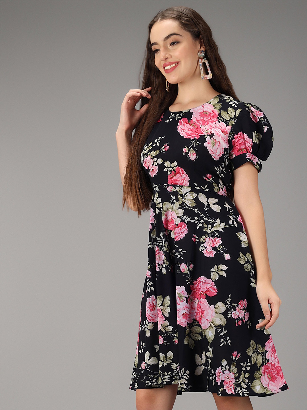 

Rudraaksha Creations Floral Printed Crepe Mini A-Line Dress, Black