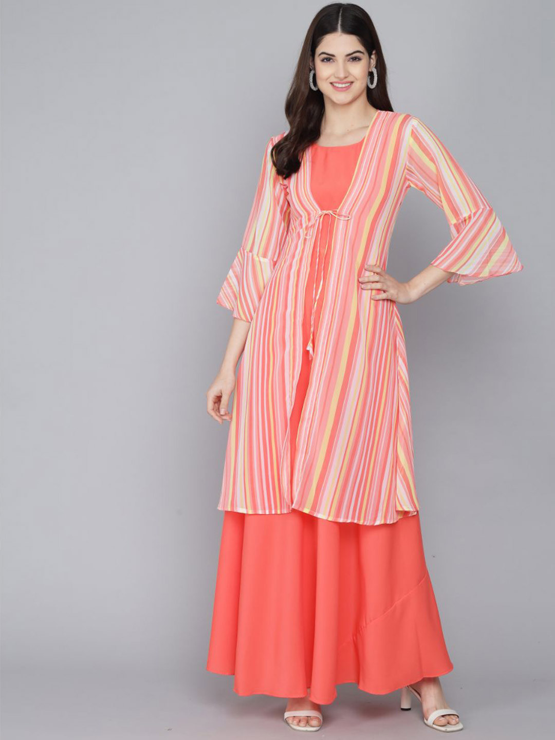 

Rudraaksha Creations Striped Crepe Maxi Dress With Shrug, Orange
