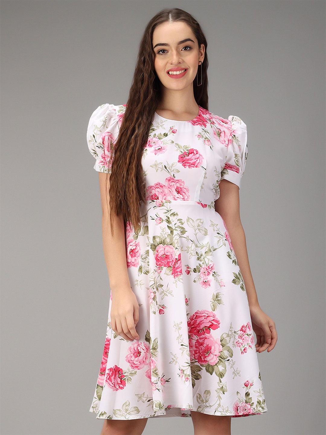 Rudraaksha Creations Floral Printed Puff Sleeve Fit & Flare Dress, White