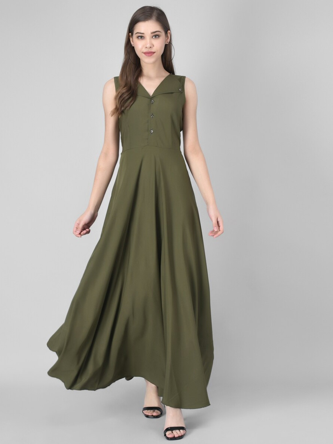 

Rudraaksha Creations Shirt Collar Crepe Maxi Dress, Olive