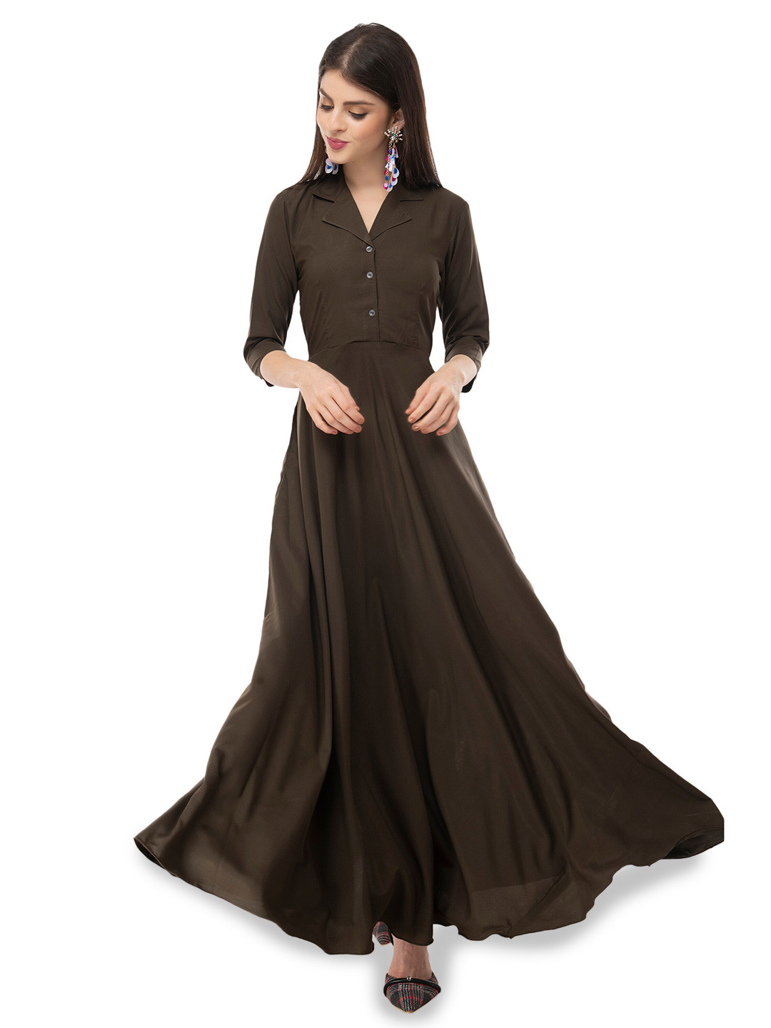 

Rudraaksha Creations Shirt Collar Crepe Maxi Dress, Brown