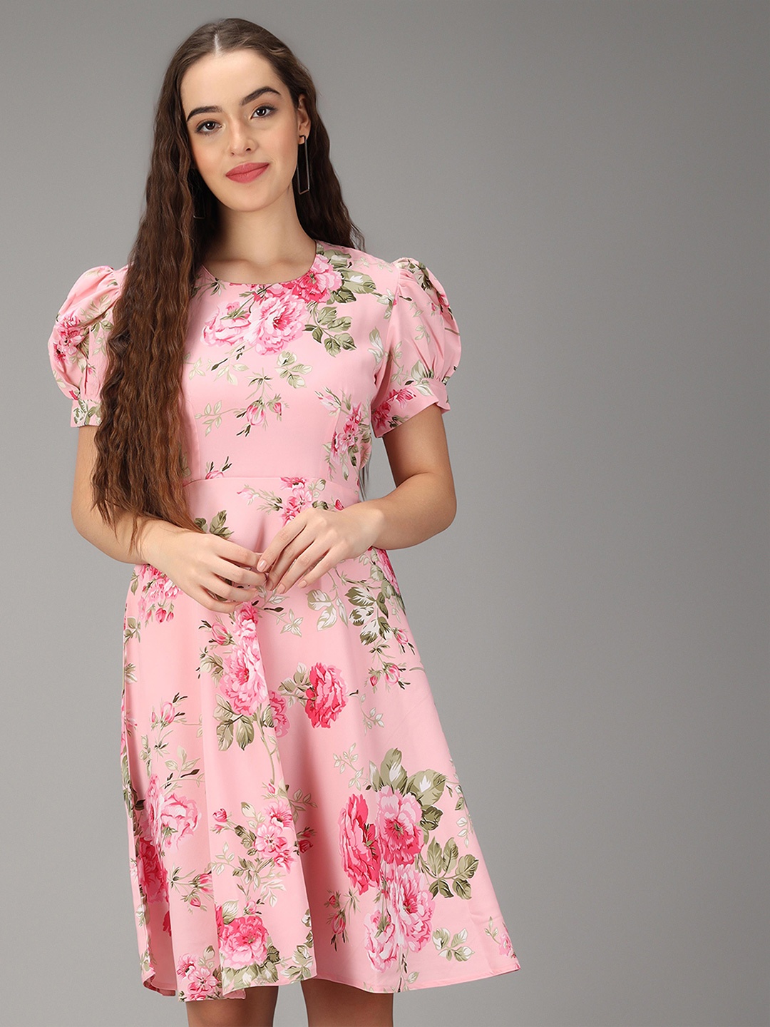 

Rudraaksha Creations Floral Printed Crepe Mini A-Line Dress, Pink