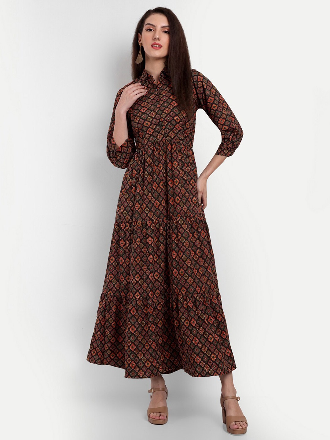 

Rudraaksha Creations Ethnic Motifs Printed Shirt Collar Maxi Dress, Brown