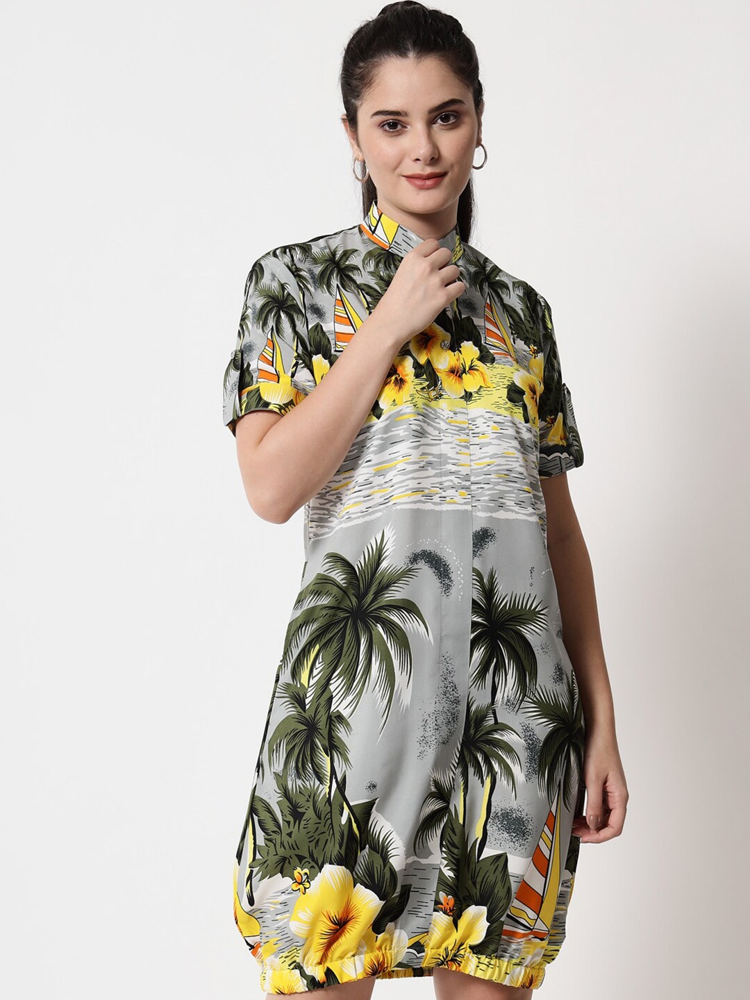 

Rudraaksha Creations Tropical Printed Crepe Shirt Dress, Grey