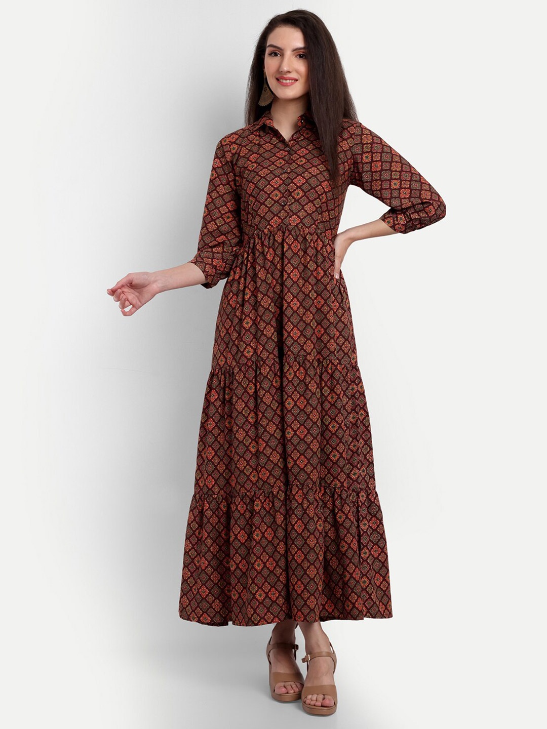 

Rudraaksha Creations Ethnic Motifs Printed Shirt Collar Maxi Dress, Maroon