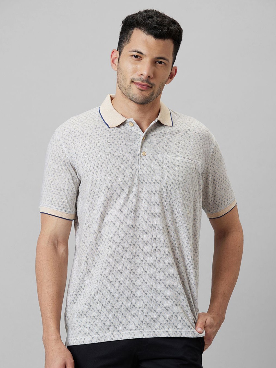 

WHITE HANGER Geometric Printed Polo Collar Cotton T-shirt, Beige