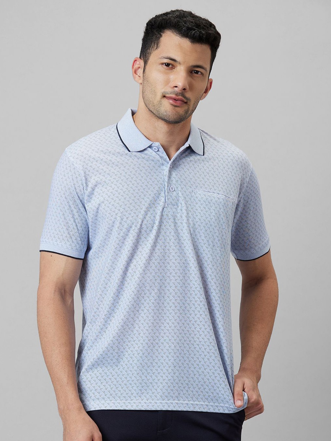 

WHITE HANGER Geometric Printed Polo Collar Cotton T-shirt, Blue