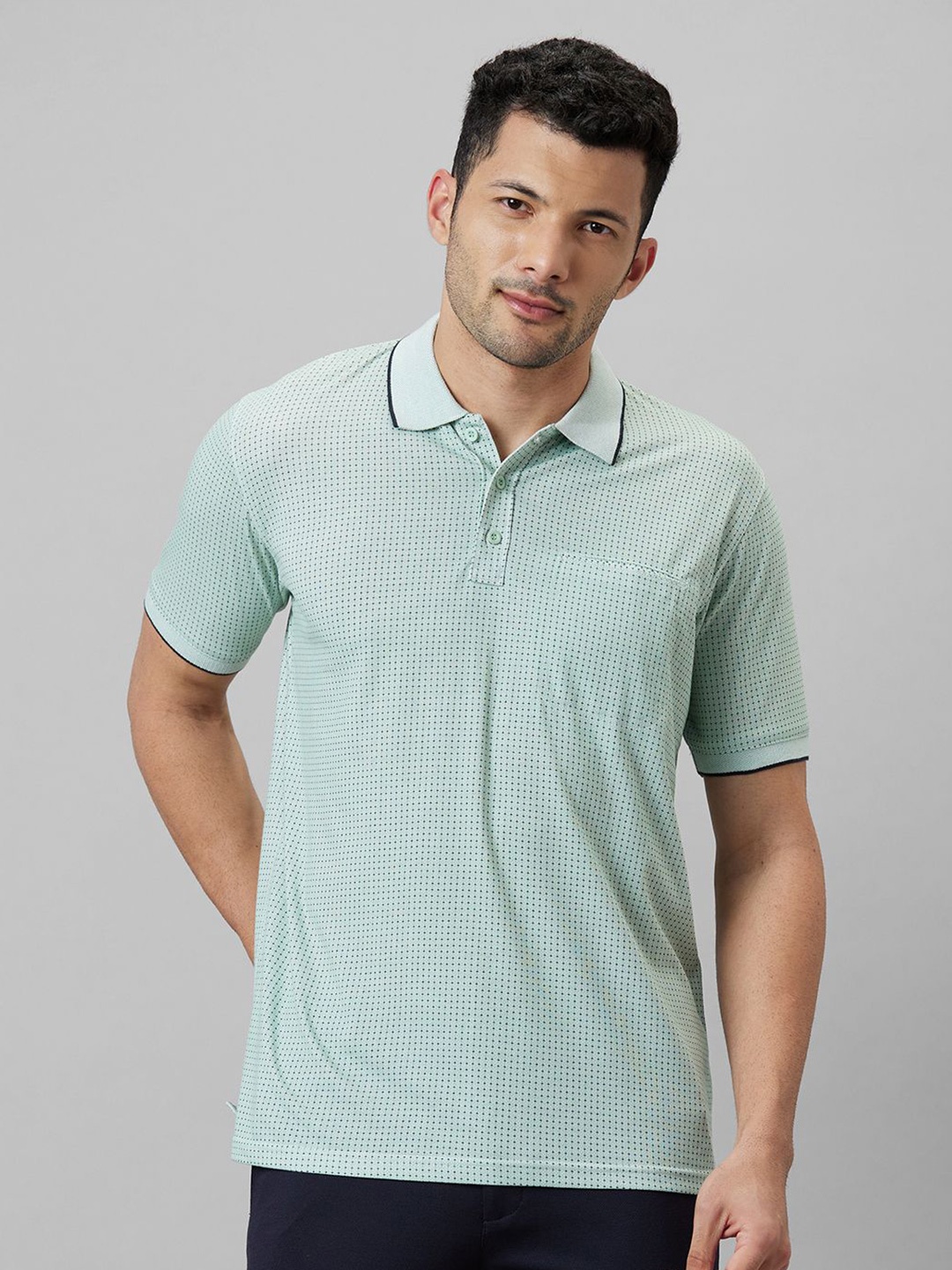 

WHITE HANGER Polka Dots Printed Polo Collar Cotton T-shirt, Green