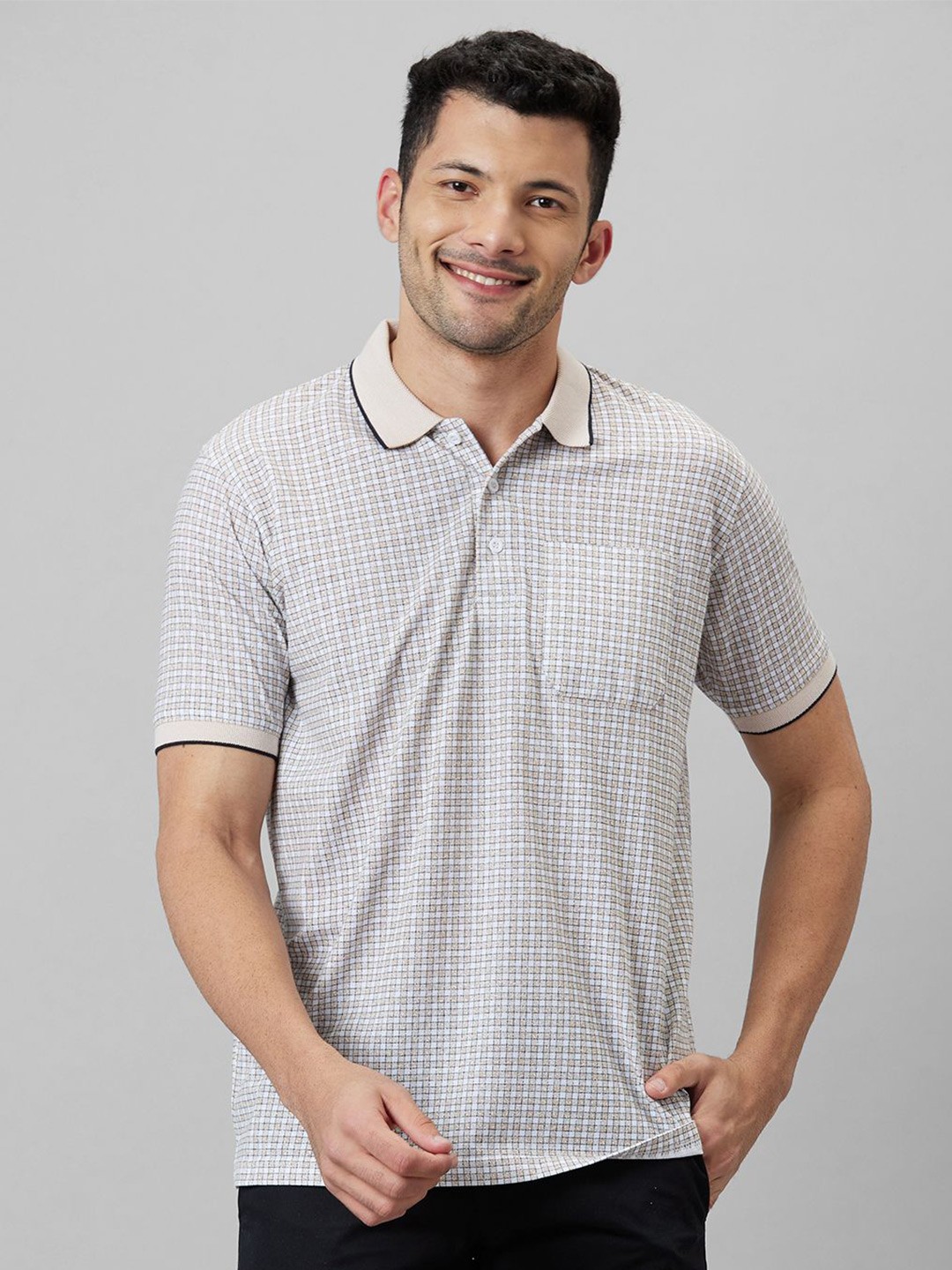 

WHITE HANGER Checked Polo Collar Cotton T-shirt, Beige