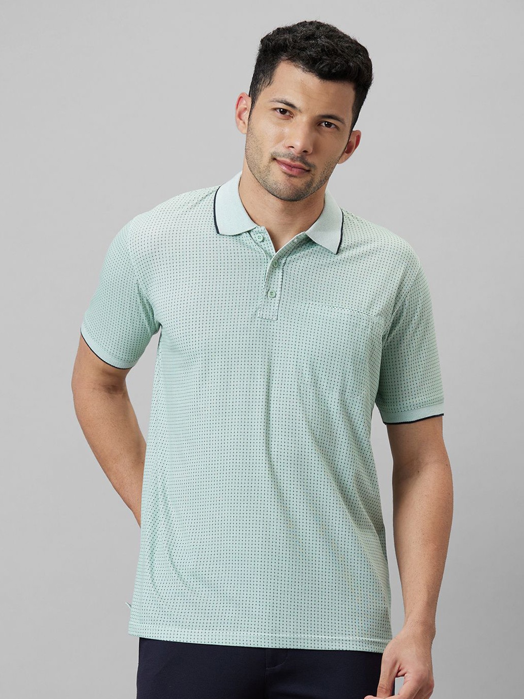 

WHITE HANGER Polka Dots Printed Polo Collar Cotton T-shirt, Green