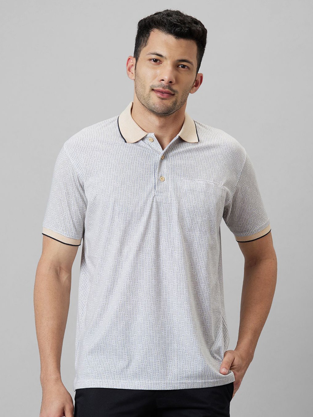 

WHITE HANGER Abstract Printed Polo Collar Cotton T-shirt, Beige
